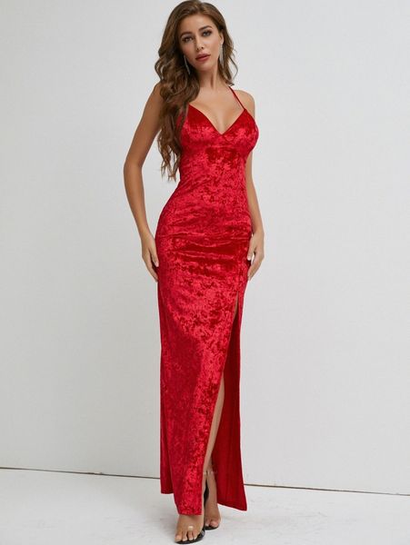 

sbetro crisscross tie back split thigh velvet dress h0nl#, Black;gray