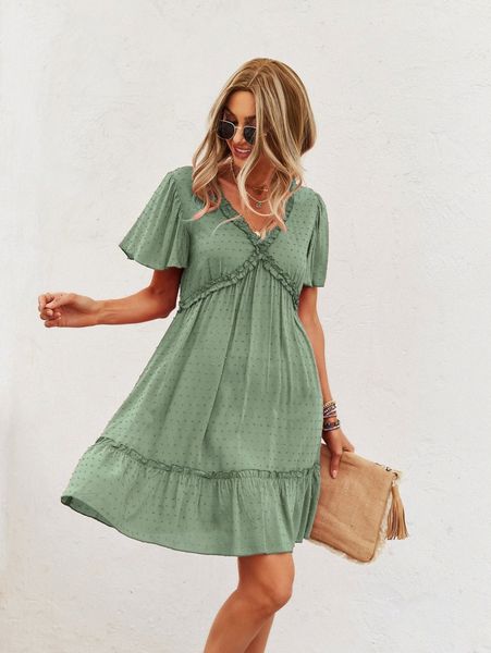

swiss dot frill trim smock dress z6ed#, Black;gray