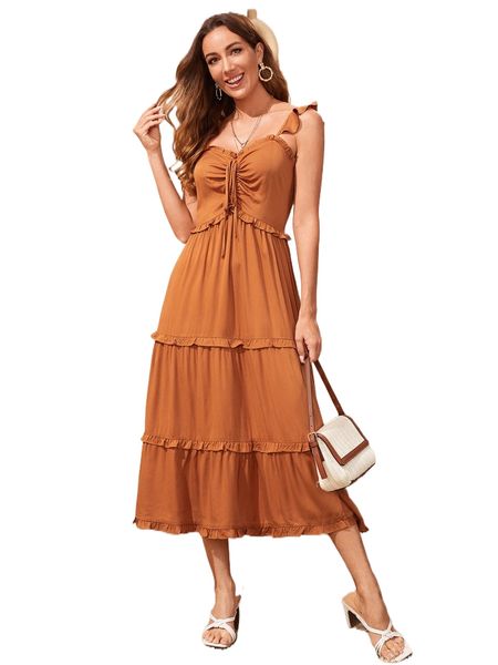 

ruched bust lace up frill ruffle hem cami dress 595a#, Black;gray