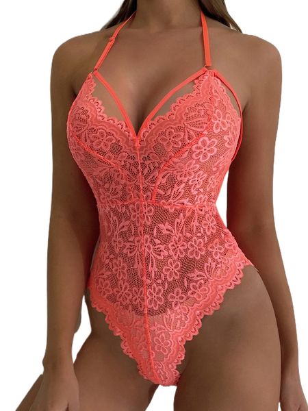 

floral lace scallop trim harness teddy bodysuit b8in#, Black;red