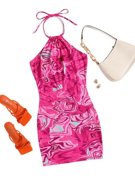 

marble print ruched halter dress w9sw#, Black;gray