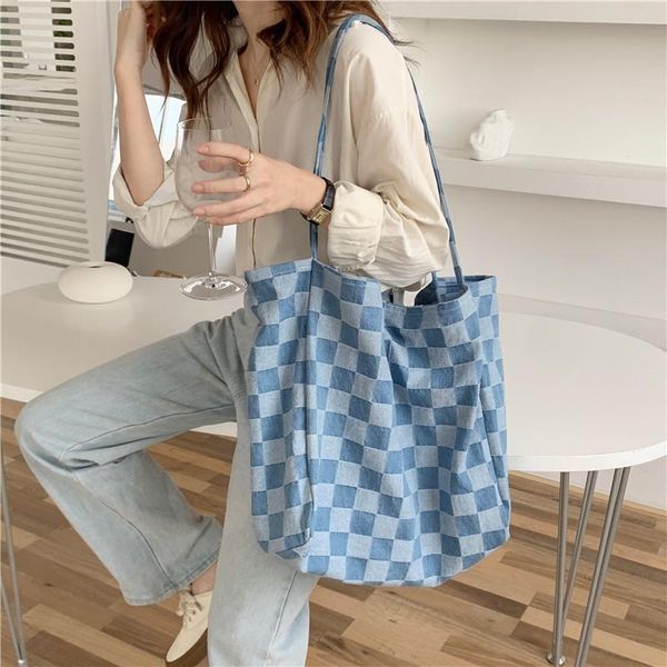 Abendtaschen Frauen Große Leinwand Umhängetasche Schach Plaid Extra Große Tote Blau Denim Tuch Handtasche Lebensmittelgeschäft Eco Shopping Für Damen Abend