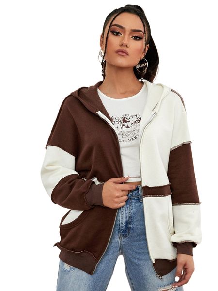 

zip up colorblock contrast stitch drop shoulder hoodie r06e#, Black