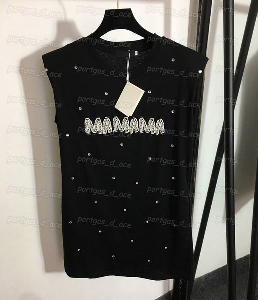 

womens tank dress beaded diamond lettering t shirt padded shoulders sleeveless dress for women, Black;gray