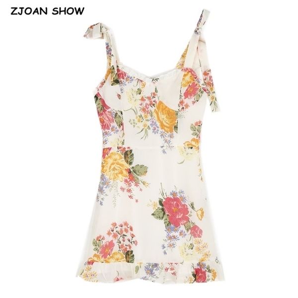 

vintage french flower print tie bow strap short summer dres wood ear ruffles hem ruched back sling dresses 220520, Black;gray