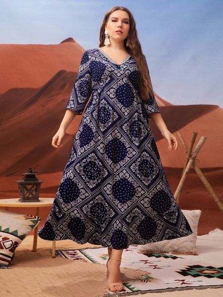 

plus paisley scarf print ruffle hem dress 99ts#, Black