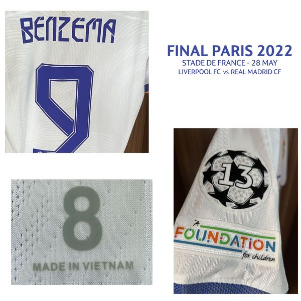American College Football Wear Final Paris 2022 Match Item de jogador usado Benzema Modice Kroos Marcelo Vinicius Asensio Camavinga Maillot