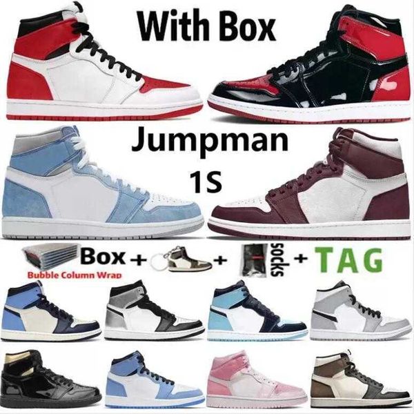 

with box jumpman 1 og 2022 1s mens basketball shoes bordeaux heritage bred patent hyper royal university blue lucky green men sports women, Black