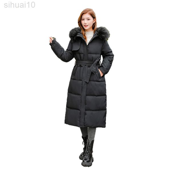 

winter down cotton coat women new korean fashion hooded fur collar keep warm waistband slim long cotton outerwear l220730, Black