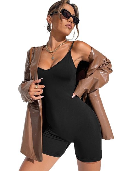 

solid cami unitard romper d1pd#, Black;white