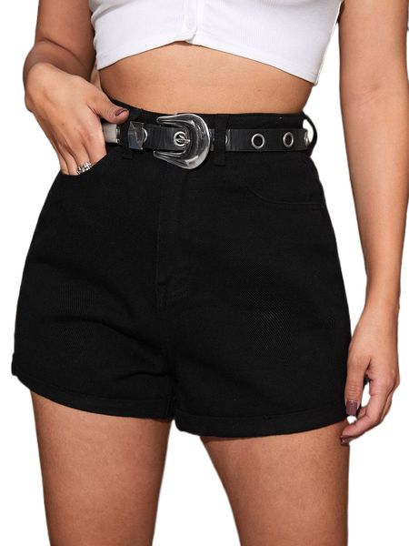 

solid zipper fly denim shorts without belt e38x#, White;black