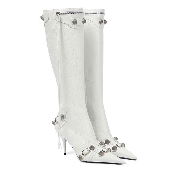 

fashion knee-high boots designer women rivets martin boot pointed toe stiletto heels lux, Black