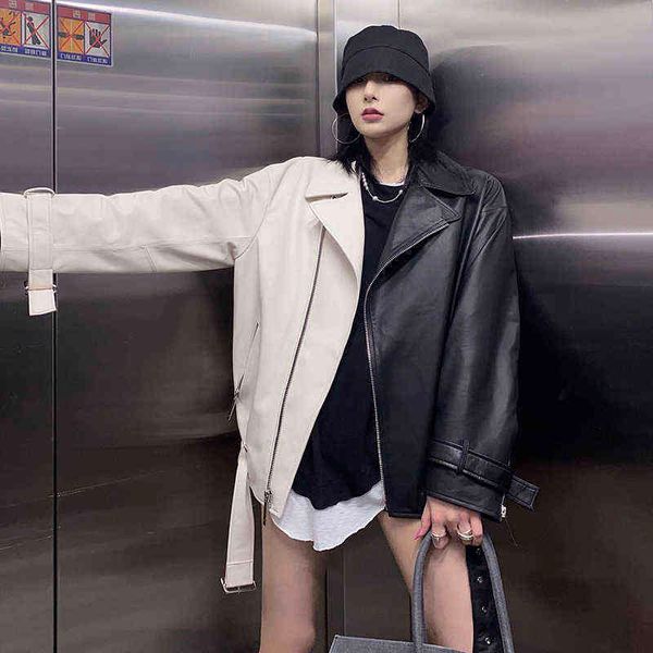 

2022 spring autumn lapel splicing pu leather jacket women moto frenulum faux soft leather coat casual loose outlet with belt j220727, Black