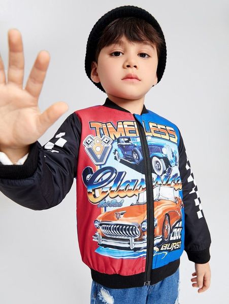

toddler boys colorblock letter & car print zipper bomber jacket she, Blue;gray