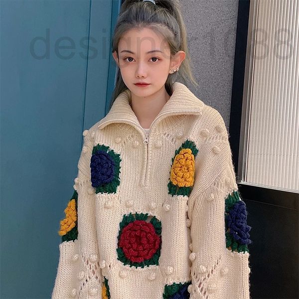 

women's sweaters designer 2022 spring and autumn new thickened loose stand collar pullover handmade three-dimensional hook flower diamo, White;black