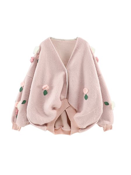 

women pink sweaters cardigans button lady sweater autumn spring korean fashion knitted coat flower loose knitwear top, White;black
