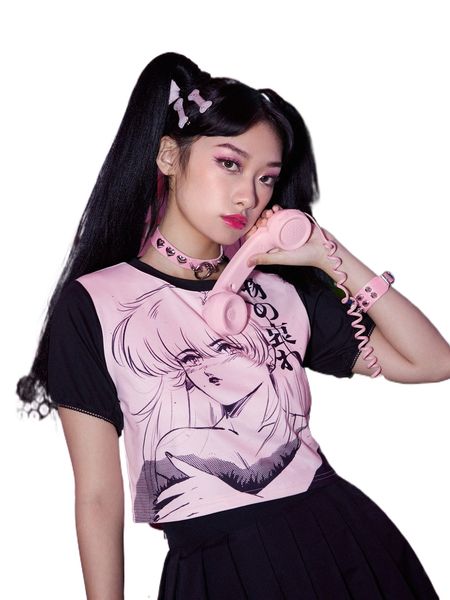 

romwe x mizucat figure print two tone tee 65ds#, White