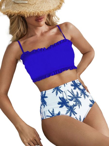 

random palm tree print frilled bikini swimsuit i6c4#, White;black