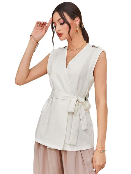 

solid sleeveless belted blouse 34oy#, White
