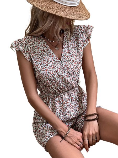 

ditsy floral print keyhole back romper k05i#, Black;white