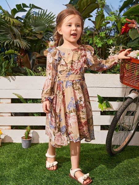 

toddler girls floral print ruffle trim zip back dress she, Red;yellow