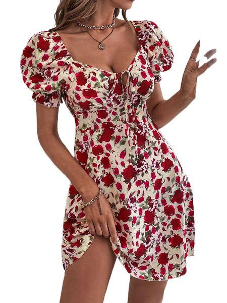 

f.loral p.rint p.uff s.leeve s.weetheart neck d.ress e4s5#, Black;gray