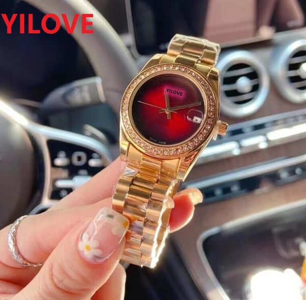 luxo rosa dourado lady quartzo relógio diamantes anel de moda relógios para mulheres banda de aço inoxidável Top Braça Super edição Eternity Wristwatches