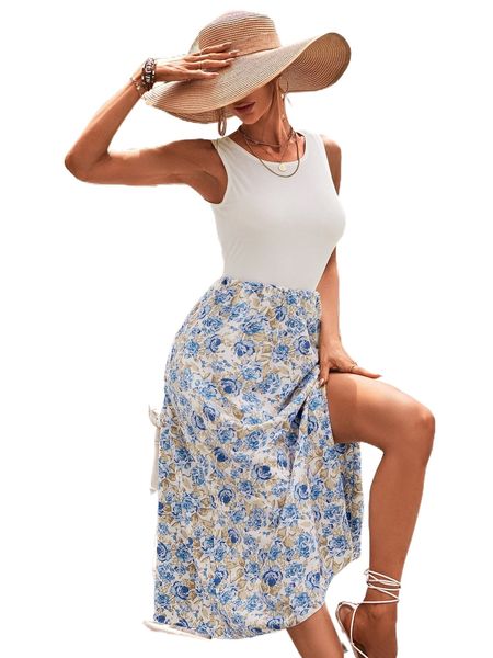 

floral print slit hem dress u3fr#, Black;gray