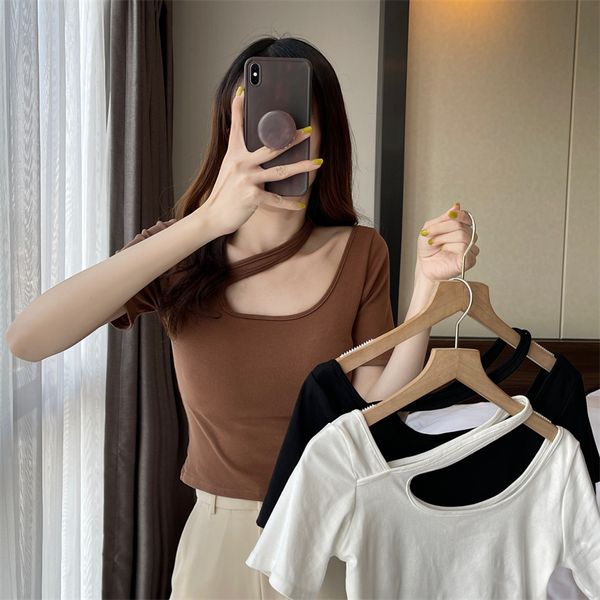 

women's t-shirt solid color t shirt women summer short sleeve female khaki black korean fashion ladies hollow out crop top, White
