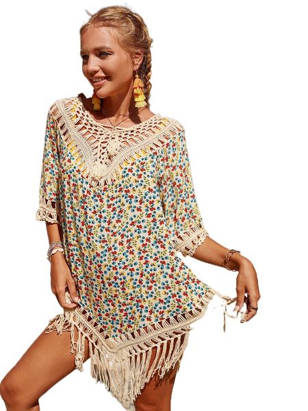 

floral tassel crochet cover up m8tc#, White;black