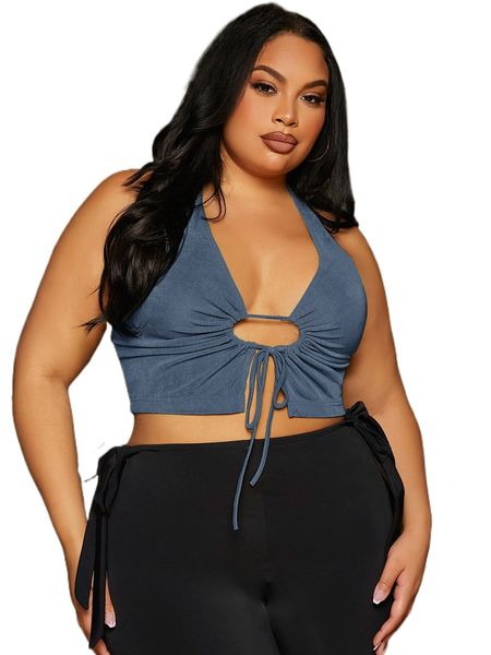 

sxy plus tie backless drawstring crop halter x8vo#, Black