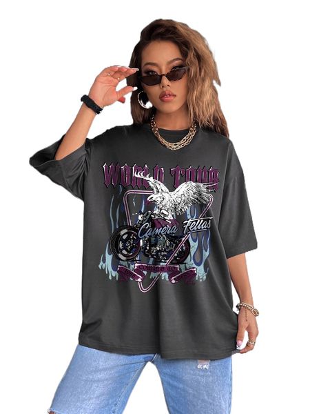 

eagle & motorcycle print drop shoulder tee s5xy#, White