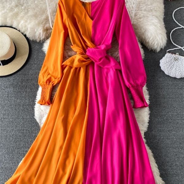

spring summer v neck dress long sleeved stitching contrast color women s skirt seaside beach travel holiday large swing 220629, Black;gray