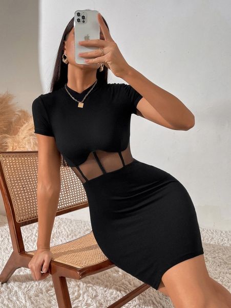 

mesh insert mock neck bodycon dress h3w7#, Black;gray