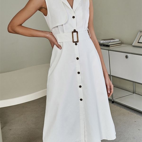 

berrygo elegant sleeveless v-neck single breasted work dress women fashion belt high split maxi dress summer white vestidos 220516, Black;gray