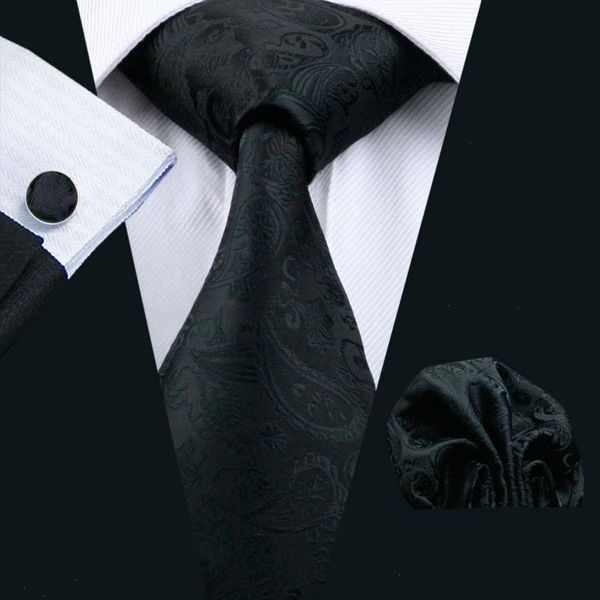 Mens empata 100 seda clássica clássica preta links de punho de necrose para homens Partema formal de casamento ls-823