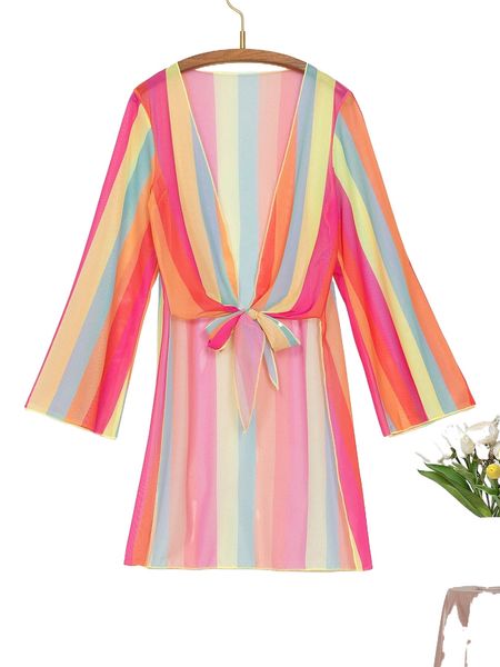 

random color block tie front kimono 17ht#, White;black