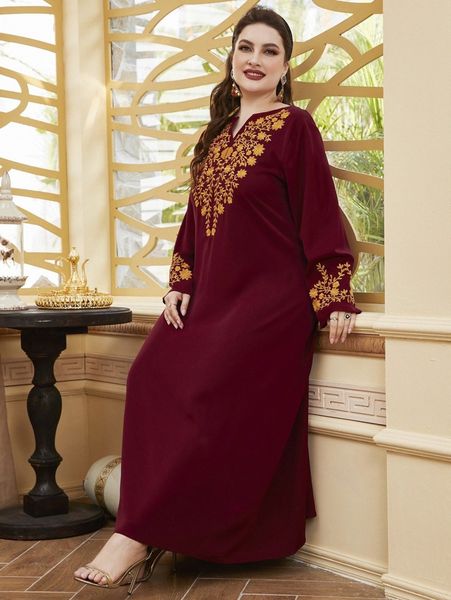 

plus notched neck embroidery maxi tunic dress n0tb#, Black