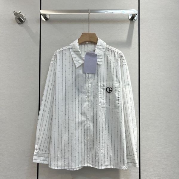 

women's spring and summer embroidery love letter printing personalized striped shirt women's loose open button long sleeved, White