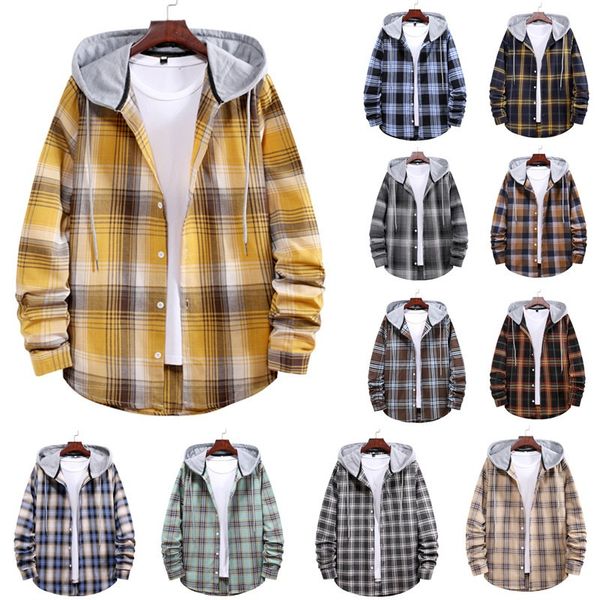 

men's long sleeve hoodie jacket plaid button down flannel shirts f3ko#, Black