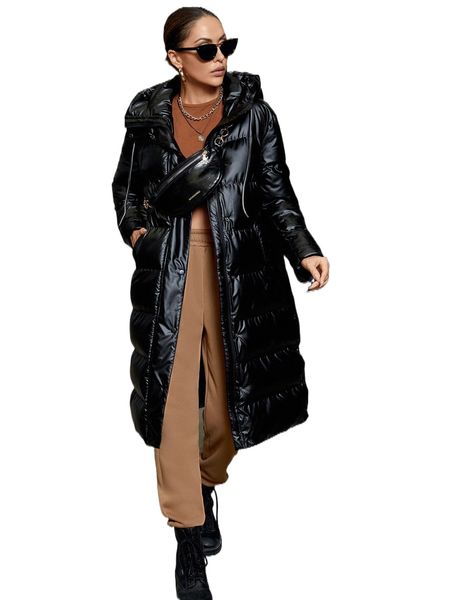 

solid drawstring hooded winter coat f7js#, Black