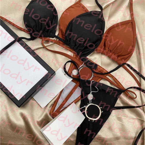 

swim swimwear women triangle thong bikini with metal letter summer beach vacation bathing suit, Black