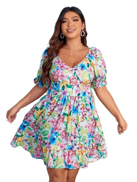 

plus floral print puff sleeve ruffle hem dress d3ap#, Black