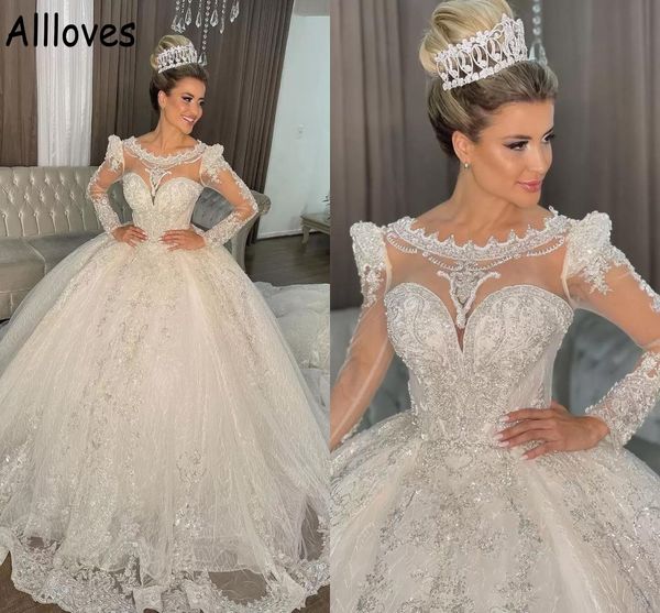

dubai arabic princess ball gown wedding dresses with long sleeves luxury sequins beaded lace appliqued bridal gowns puffy skirt long train v, White