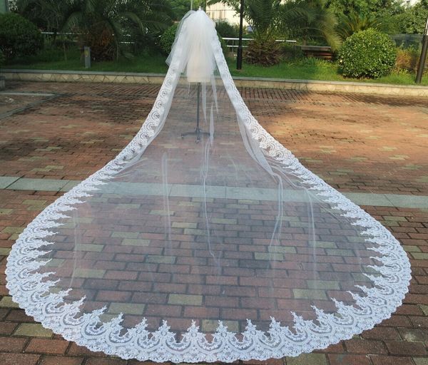 Real amostra vintage 3m * 1.6m catedral comprimento longo véus de casamento dois ninhadas vestidos nupcial véu laço applique tule com pente livre personalizado feito