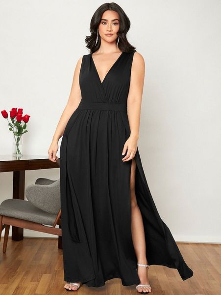 

plus surplice neck wrap hem maxi dress p0yh#, Black