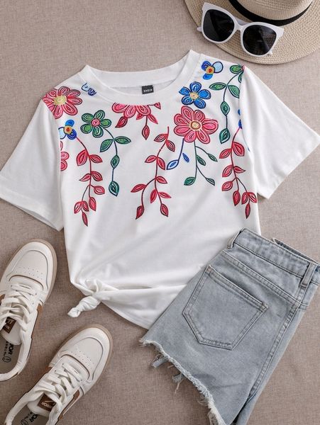 

drop shoulder floral embroidery tee m6ao#, White