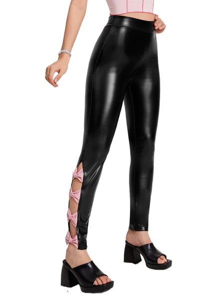 

bow side split hem pu leather skinny pants a9ko#, Black;white