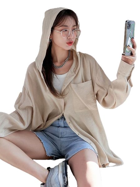 

dazy patched pocket button through hooded textured blouse c7nt#, White