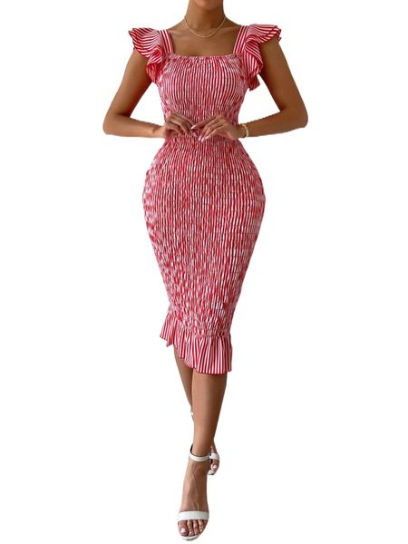 

vertical striped shirred ruffle sleeve mermaid hem bodycon dress j4h3#, Black;gray